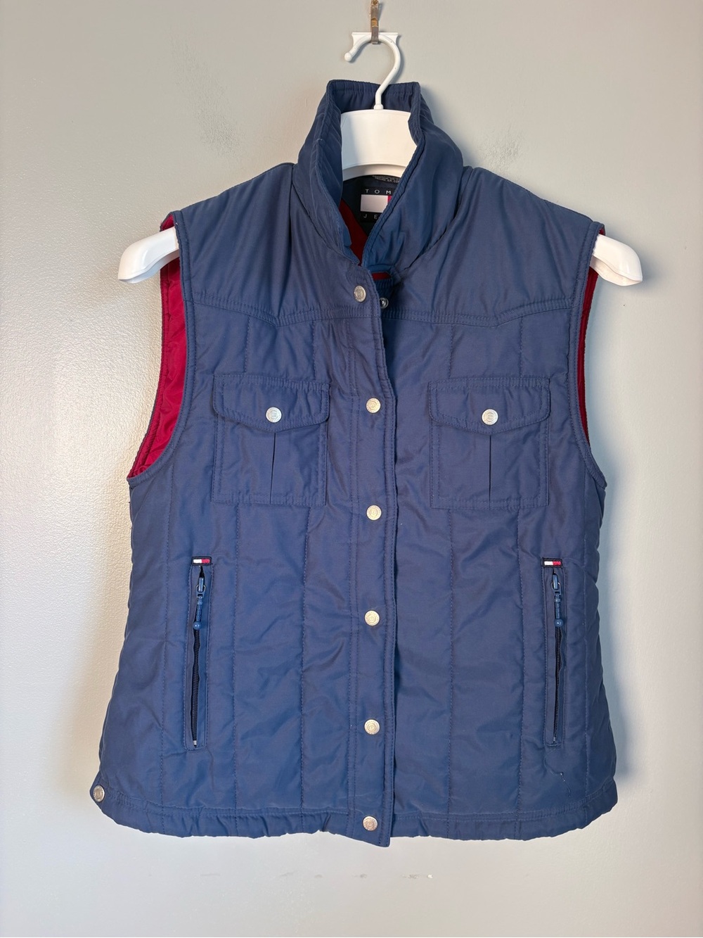 Vintage Tommy Jeans Womens M Navy Blue Quilted Puffer Vest Red Lining Flag Logo